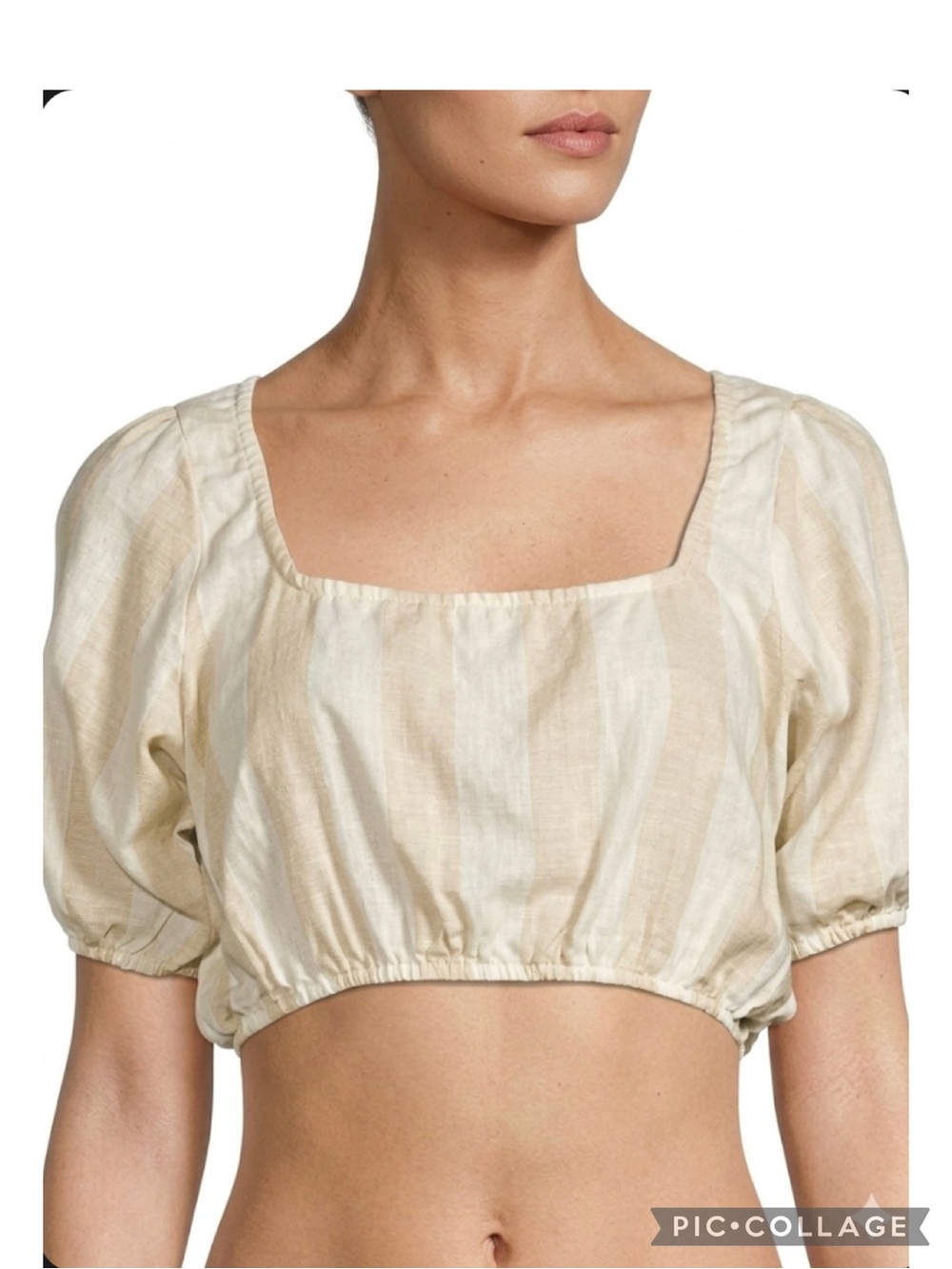 WeWoreWhat Striped Crop Top Puff Sleeves Linen Blend Ivory Cream NWT XL
